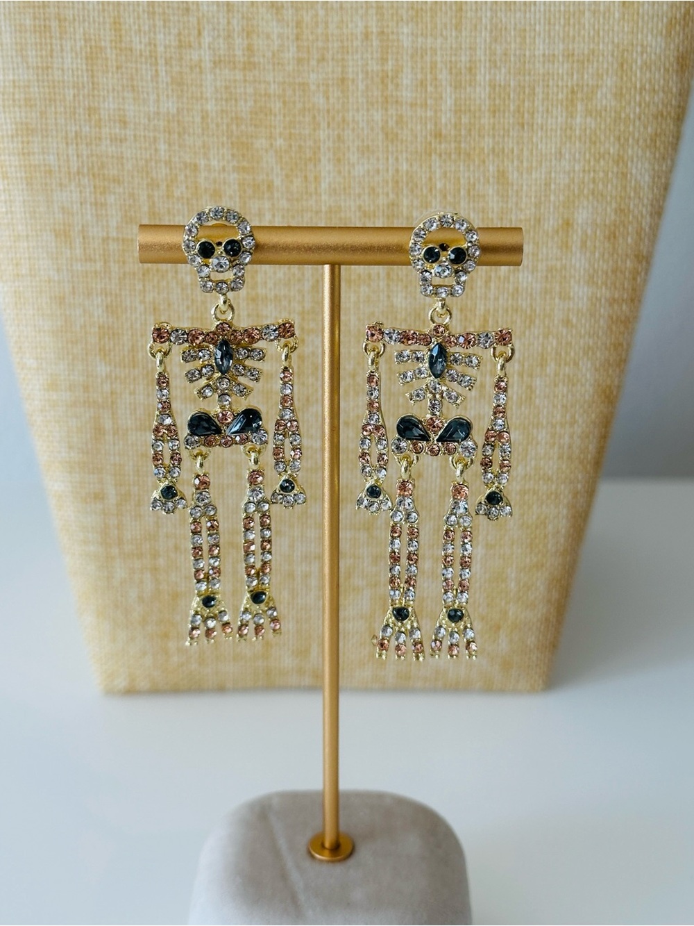 Fashion Jewelry Gold-Tone Crystal Skeleton Earrings with Black & Pink Stones